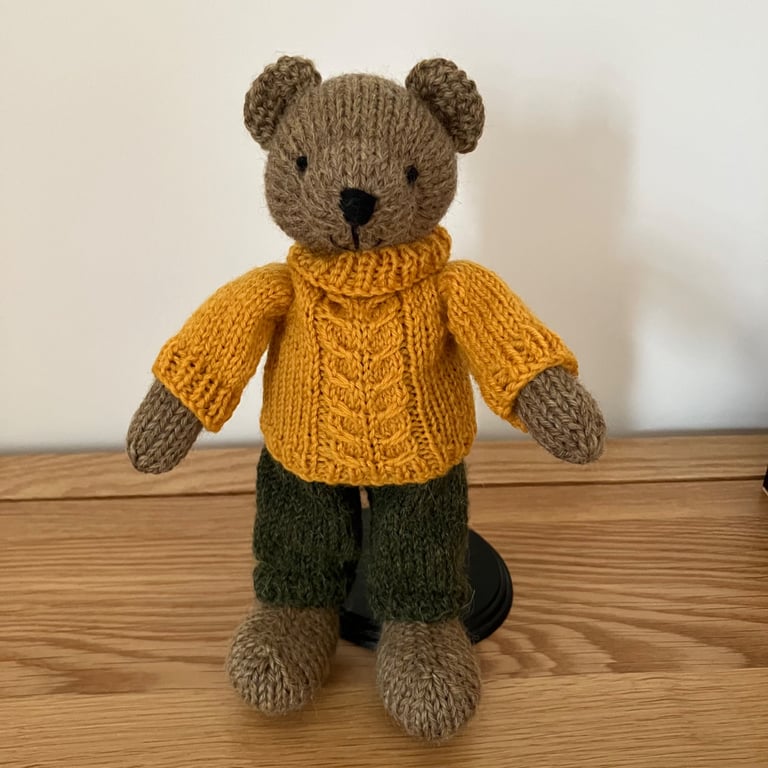 Hand Knitted Bear in Cable Jumper and Trousers