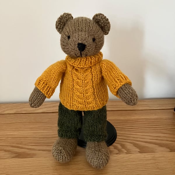 Hand Knitted Bear in Cable Jumper and Trousers