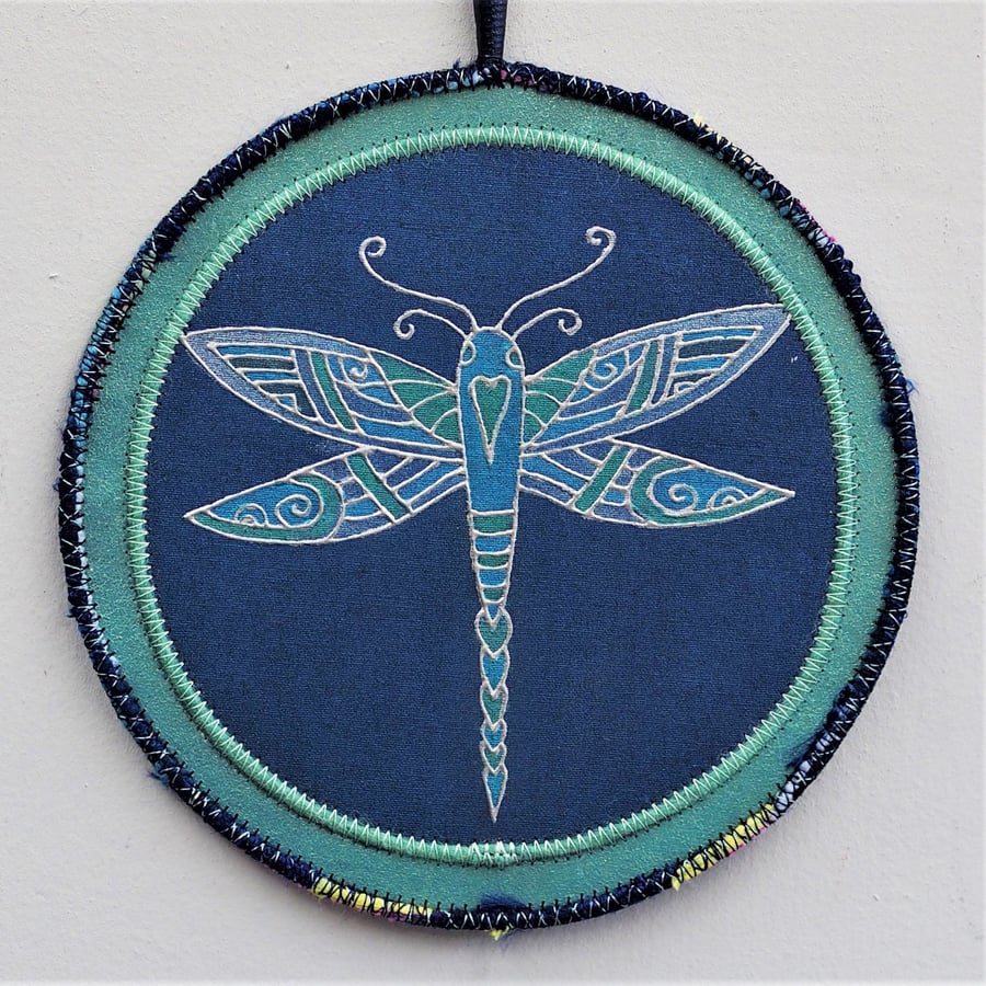 DFPM01-Dragonfly Mandala Wall Hanging-17.5cm diameter-Navy-Green-Turq-Silver