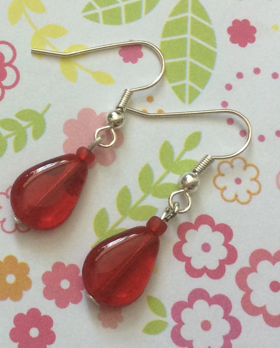 Red Silver Plate Drop Earrings 