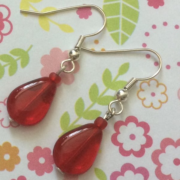 Red Silver Plate Drop Earrings 