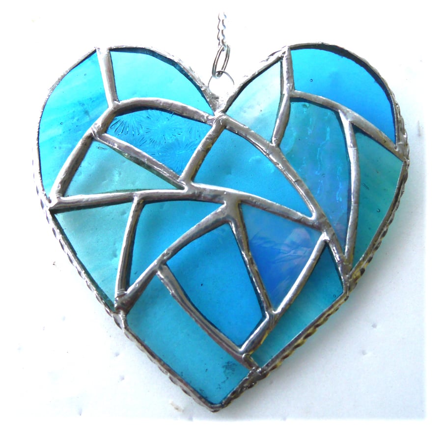 Fat Patchwork Heart Suncatcher Turquoise Stained Glass Handmade 027
