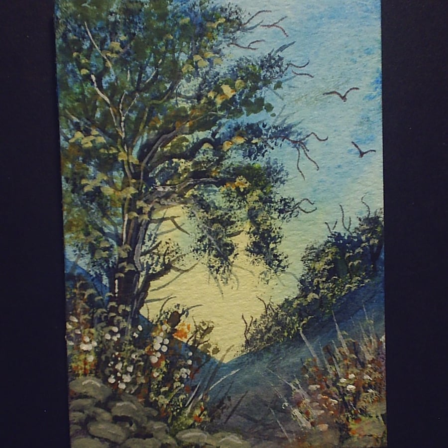 aceo SFA original miniature watercolour painting tree landscape