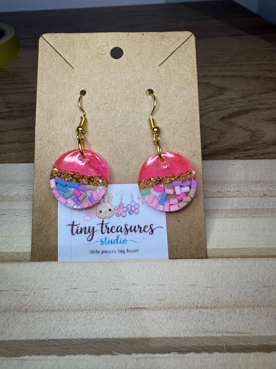 Handmade Pink Resin Confetti Dangle Earrings with Gold Glitter