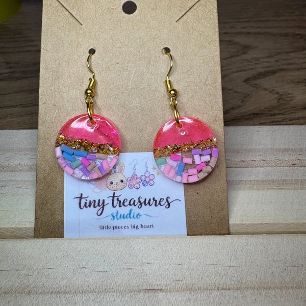 Handmade Pink Resin Confetti Dangle Earrings with Gold Glitter