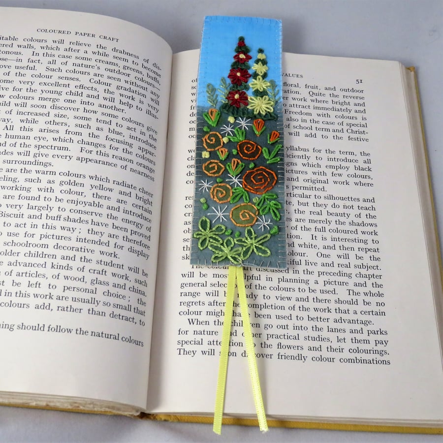 Garden Bookmark - embroidered and painted