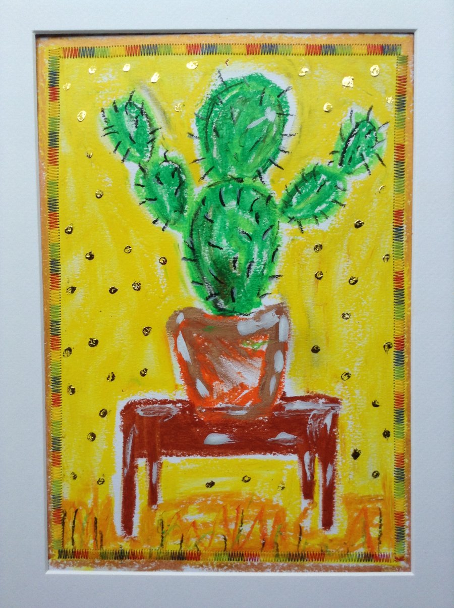 Cactus - two armed bandit. Original oil pastel drawing framed in gold.  Plants 