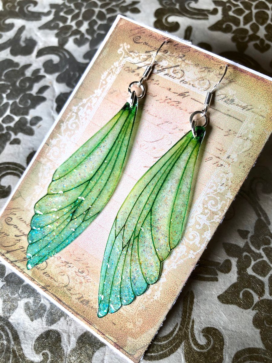 Large Green Sterling Silver Fairy Wing Earrings Style 2