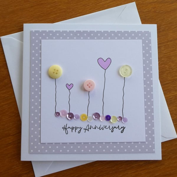 Happy Anniversary Card - Hearts, Buttons and Sequins - Grey and Lemon
