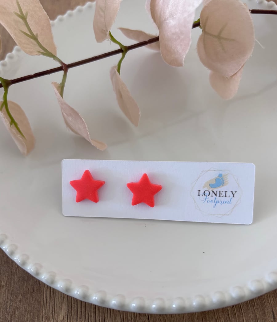 Bright Orange Polymer Clay Star Studs - Lightweight Handmade Earrings 