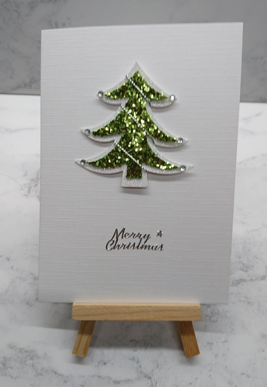 Christmas Card Mixed Media Glitter Christmas Tree on Linen 3D Luxury Handmade