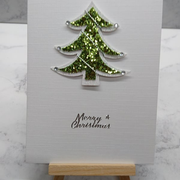 Christmas Card Mixed Media Glitter Christmas Tree on Linen 3D Luxury Handmade