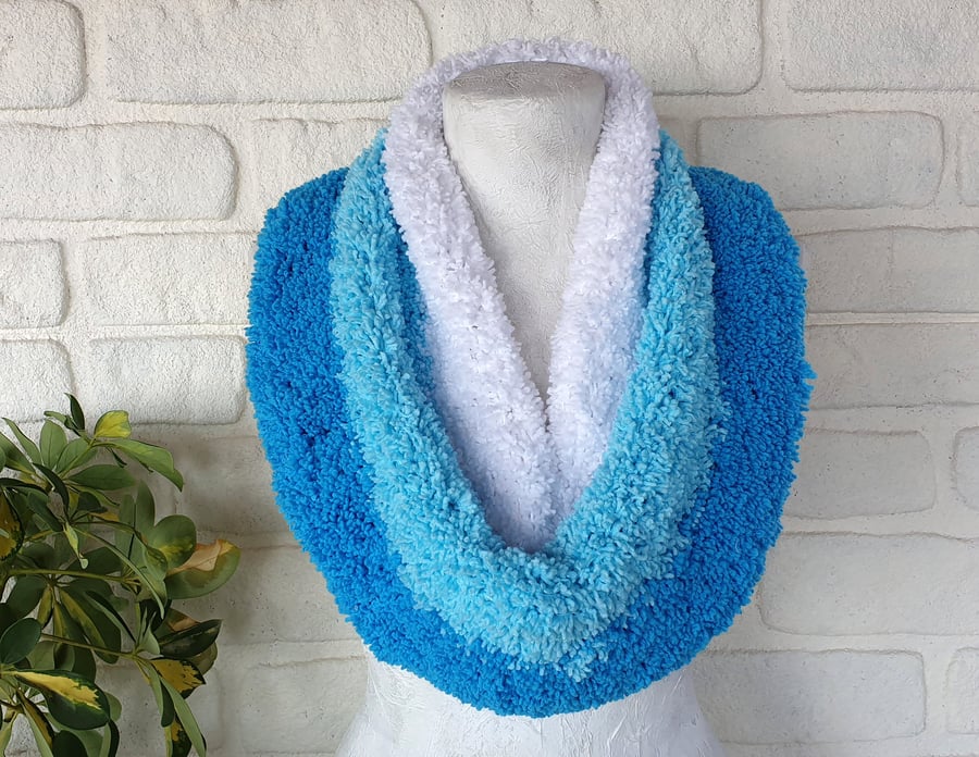 White - Blue Shades Cozy Crochet Shabby Fluffy Tubular  Shawl