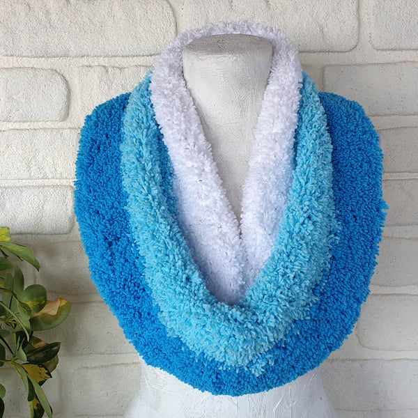 White - Blue Shades Cozy Crochet Shabby Fluffy Tubular  Shawl