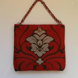 Handbag, Very elegant, red, brown, silvery grey,  chain strap.