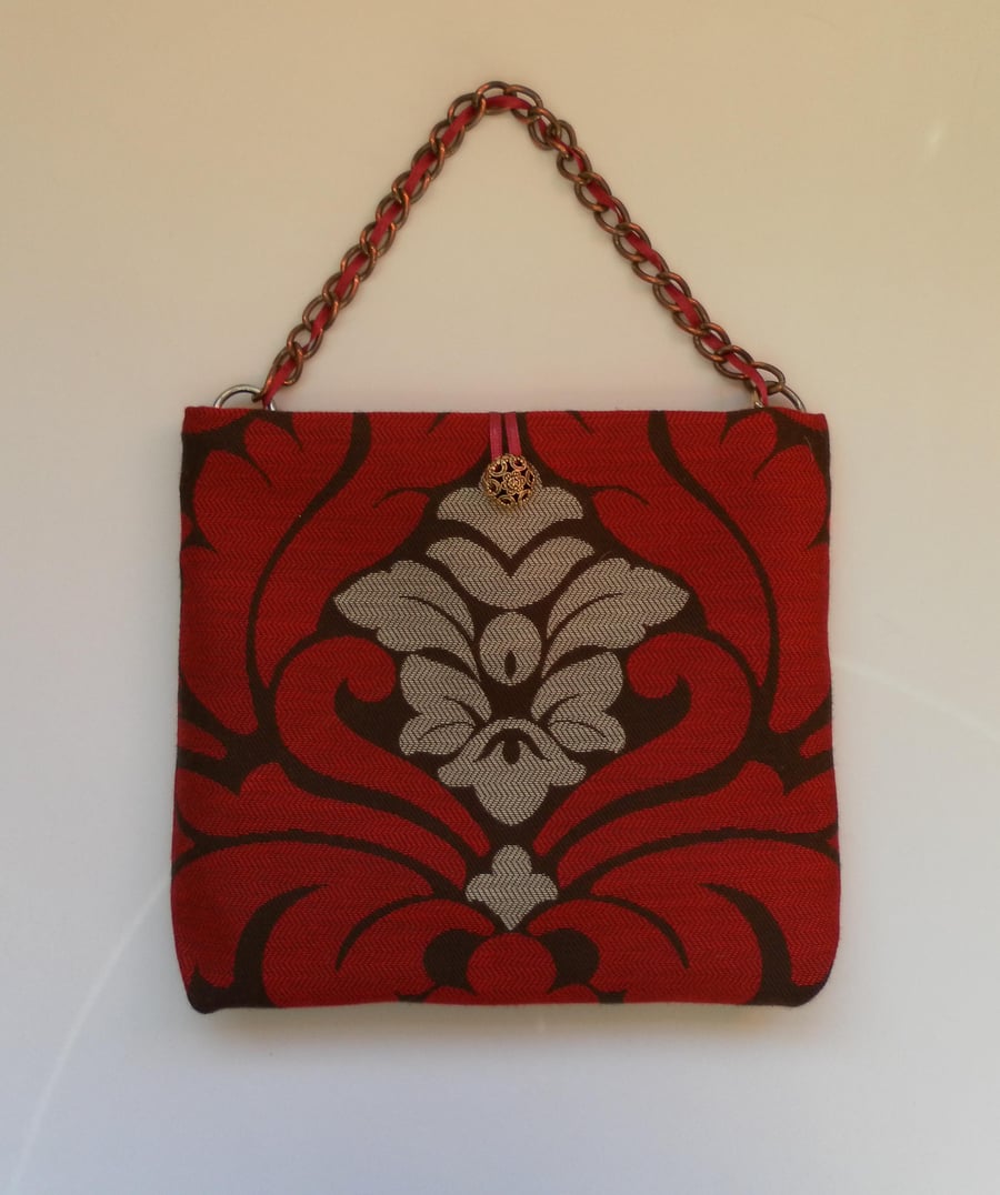 Handbag, Very elegant, red, brown, silvery grey,  chain strap.