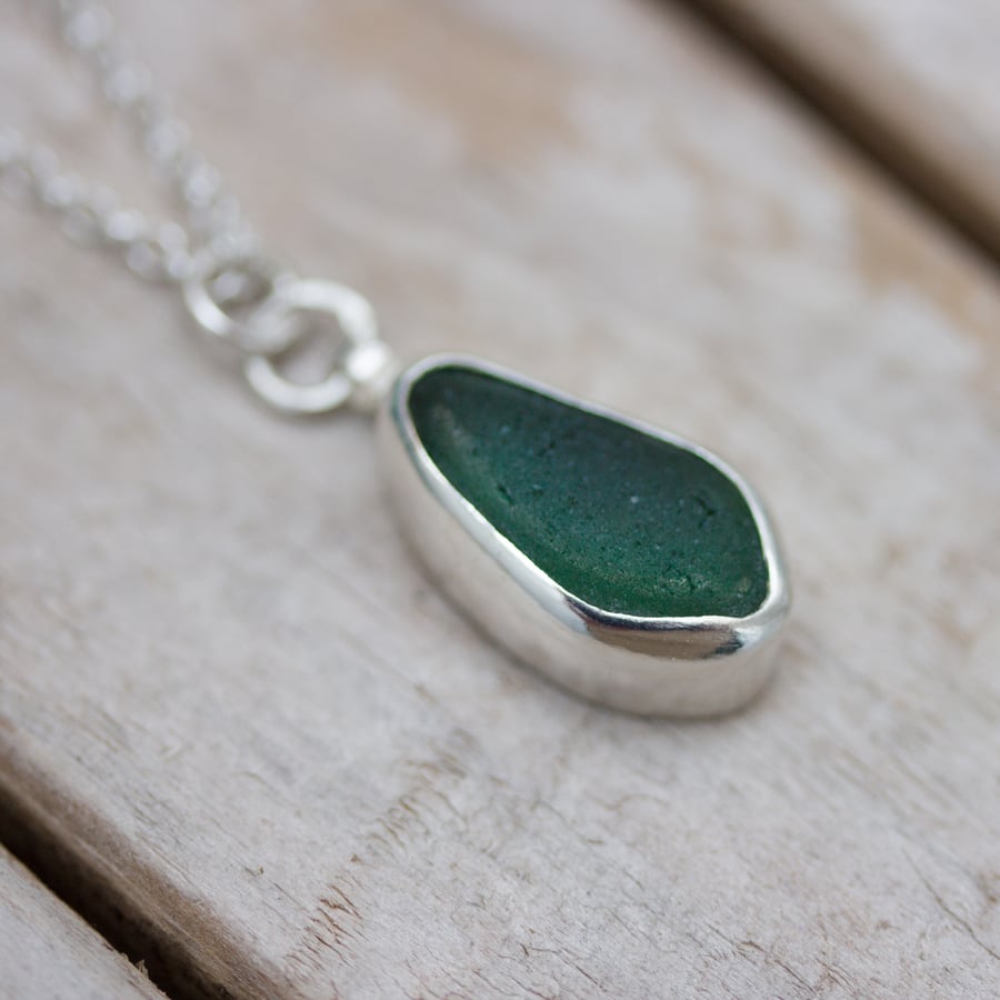 Dark Green Sea Glass & Recycled Silver Necklace