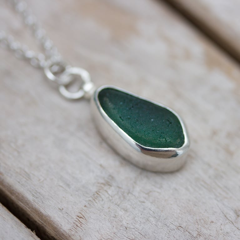 Dark Green Sea Glass & Recycled Silver Necklace