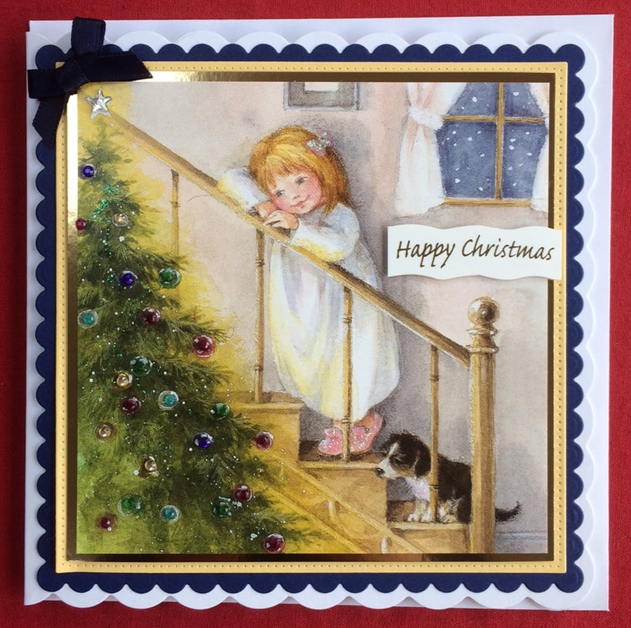 Christmas Card Little Girl Puppy Dog Tree 3D Luxury Handmade Card