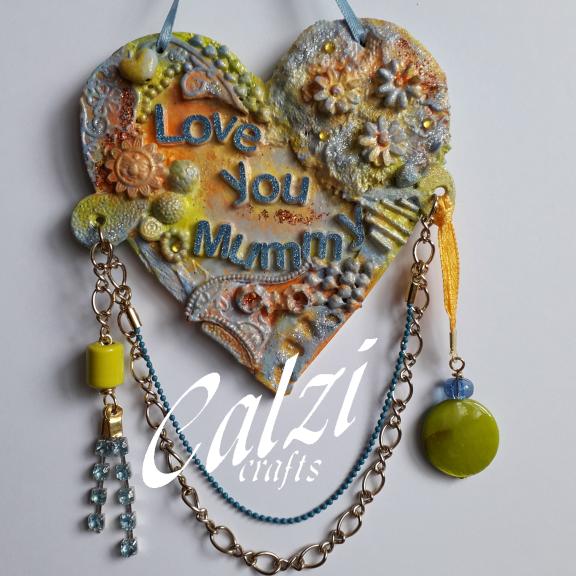 Mixed Media Love You Mummy Hanging Heart.