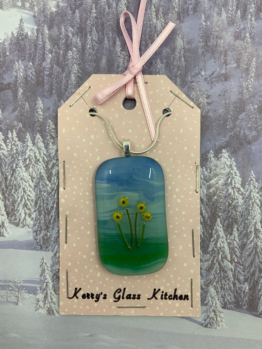 Hand painted  Daffodil Fused Glass pendant.