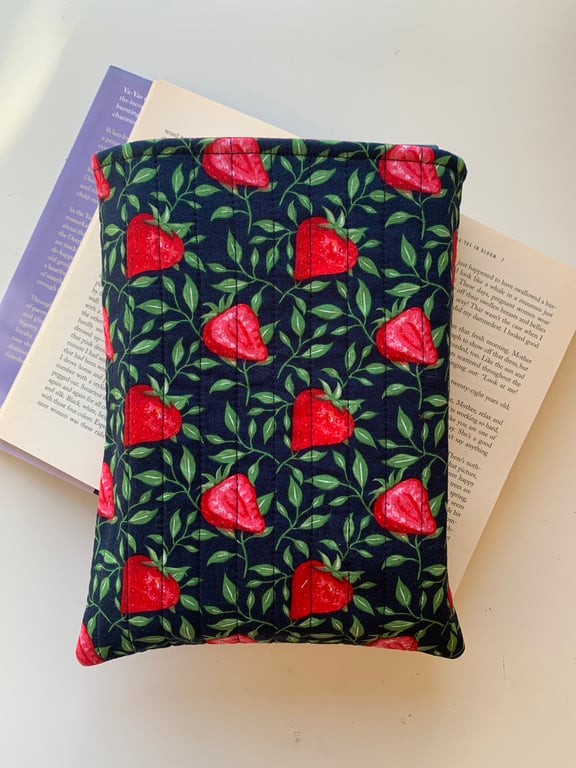 Strawberry Print Quilted Fabric Book Sleeve - Hardback Size
