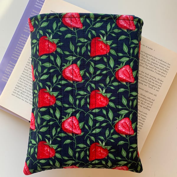 Strawberry Print Quilted Fabric Book Sleeve - Hardback Size