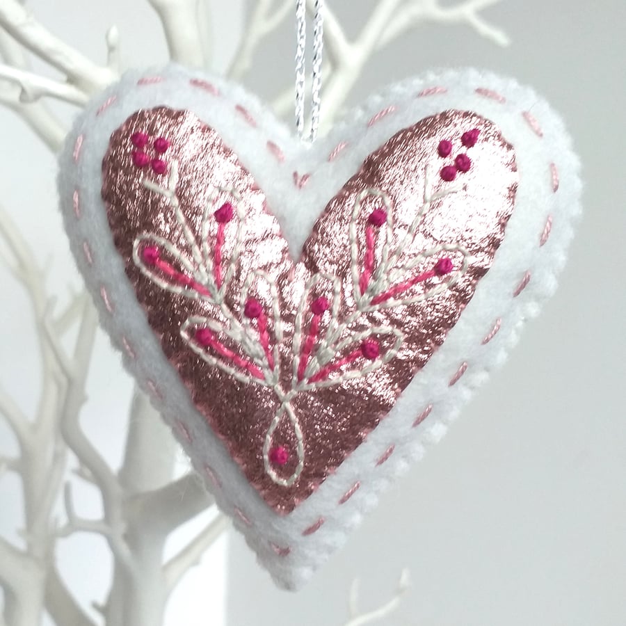 Wool Felt Heart, Embroidered Heart Ornament