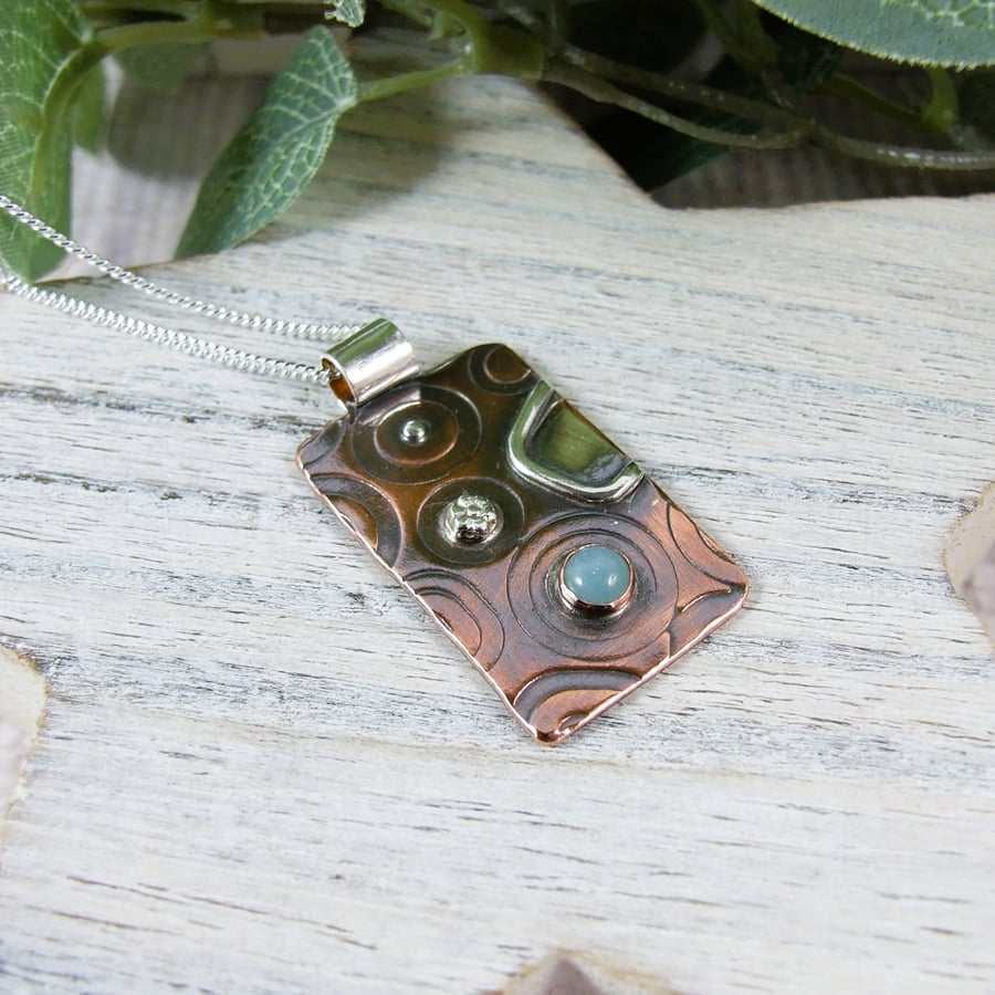 Sterling Silver and Copper Necklace with Silver Flower and Amazonite Gemstone