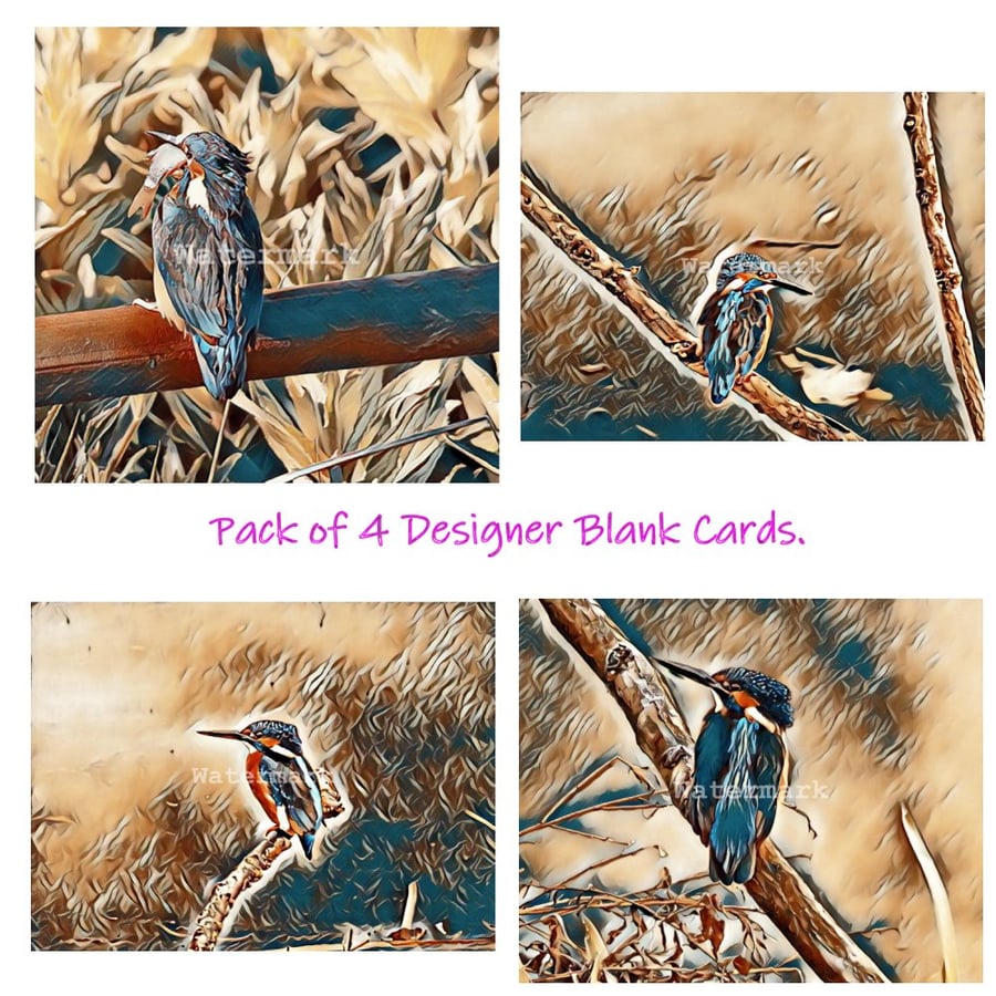  Pack of 4 Blank Kingfisher Cards Unique Designs A5 Size.