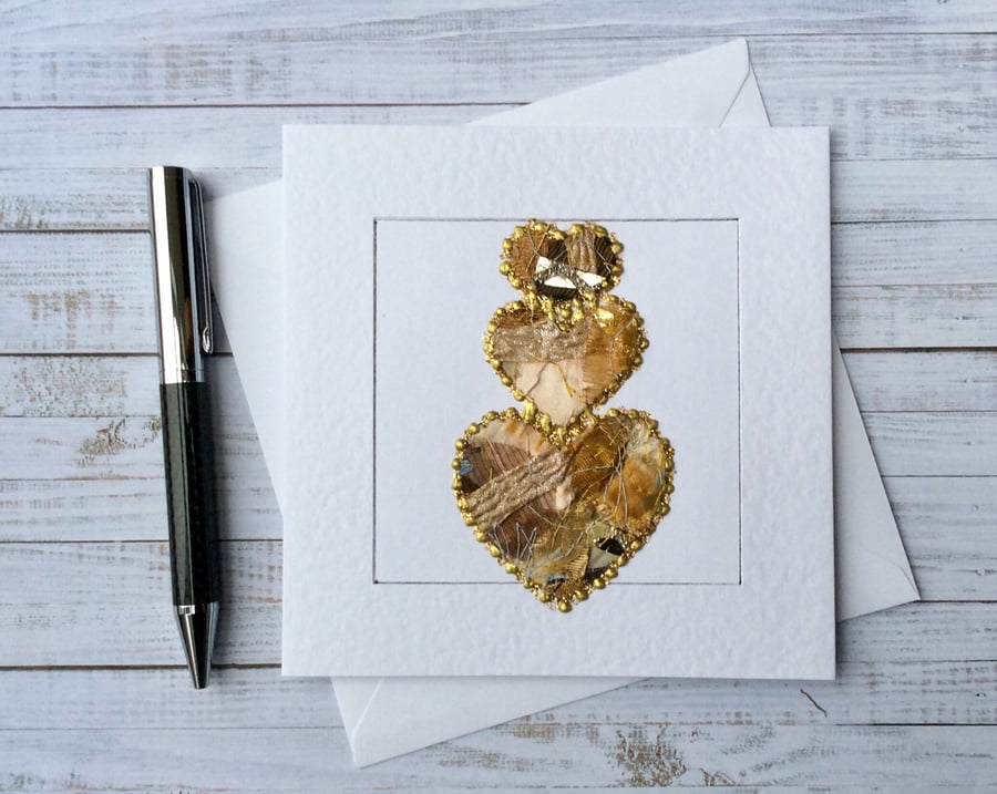 Embroidered up-cycled fabric golden heart Art Card.