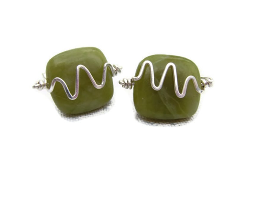 Mens Cufflinks Nephrite Jade Semiprecious Gemstone & Wirework