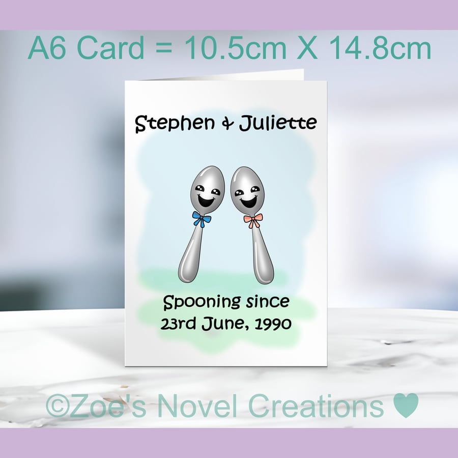 Wedding Anniversary Greetings Card, personalised, spooning A6 10.5cm x 14.8cm