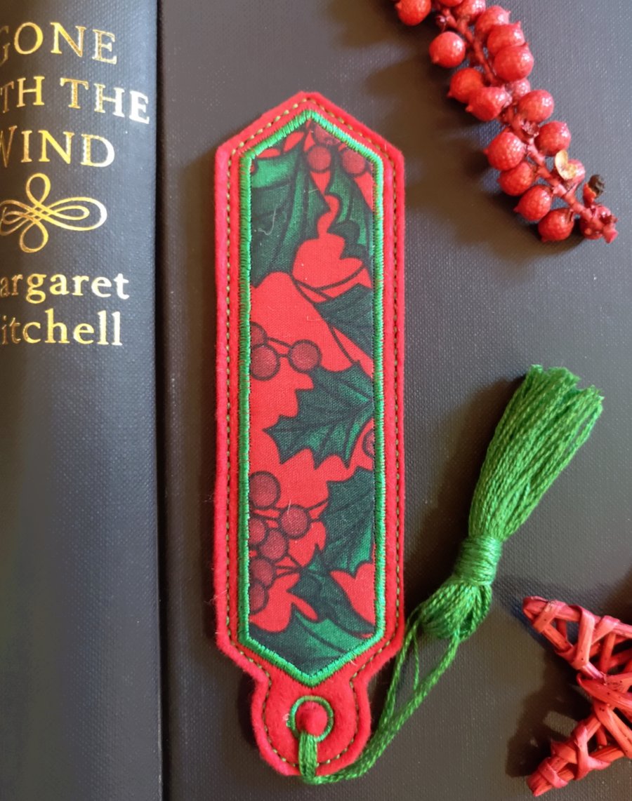 Christmas Holly Bookmark embroidered hand crafted design coordinating tassel