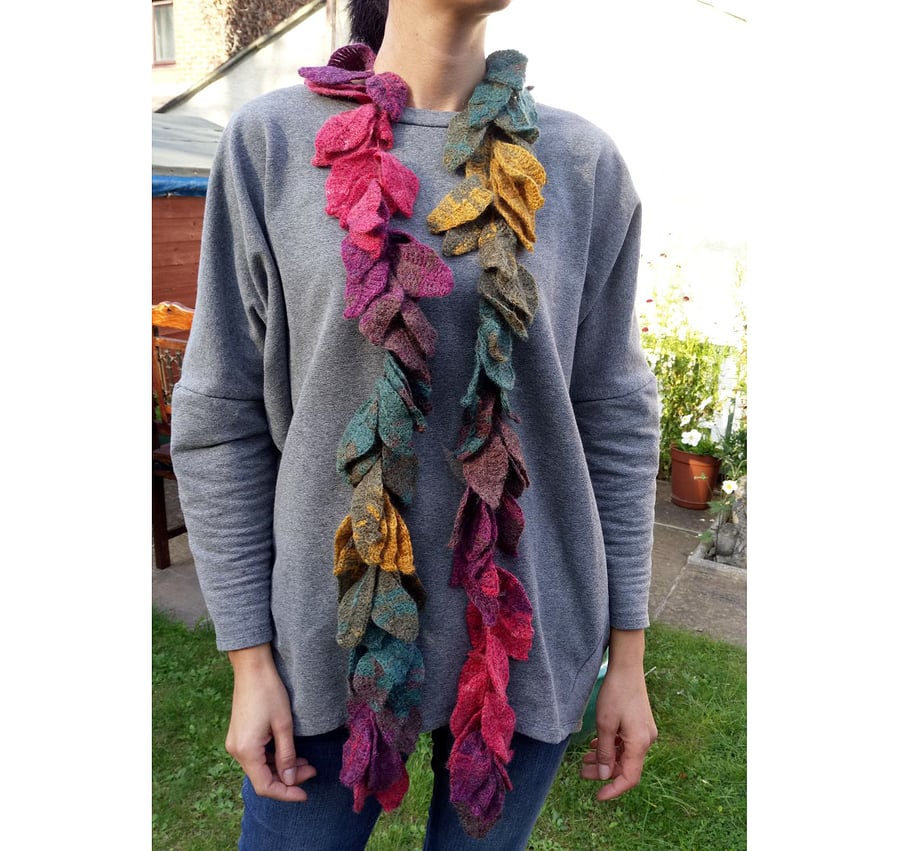Autumn colors hand crochet leafs long shawl-neck wrap-garland