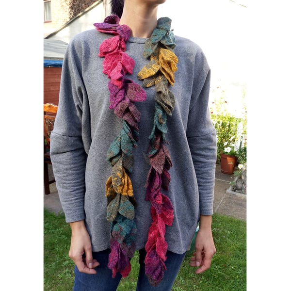 Autumn colors hand crochet leafs long shawl-neck wrap-garland