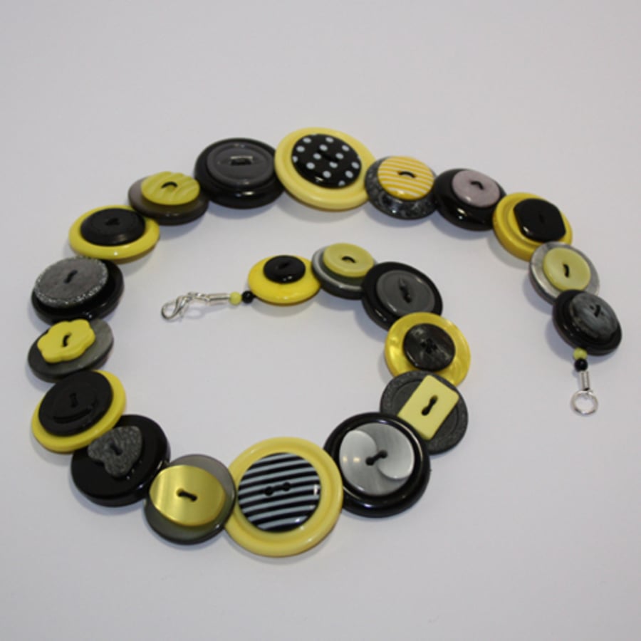 Yellow, Grey/Gray and Black button necklace 