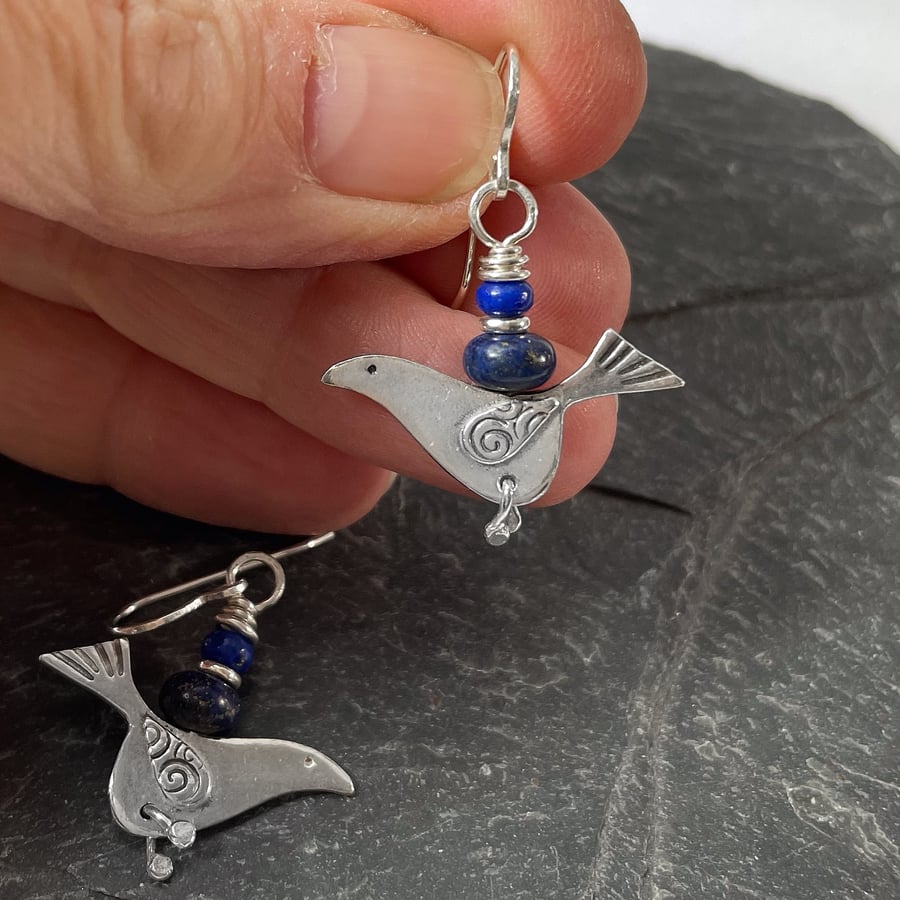 silver bird earrings with Lapis lazuli