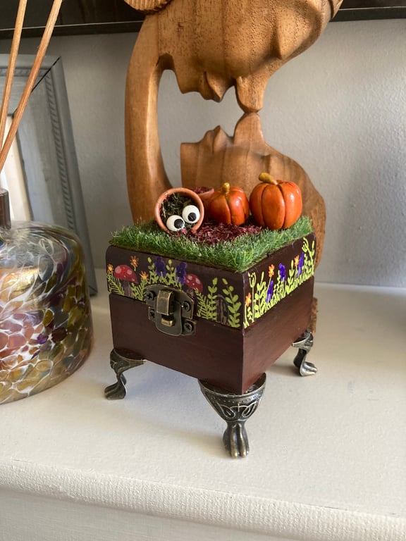 Whimsical Trinket Box Handcrafted Autumn Pots & Pumpkins Halloween Box