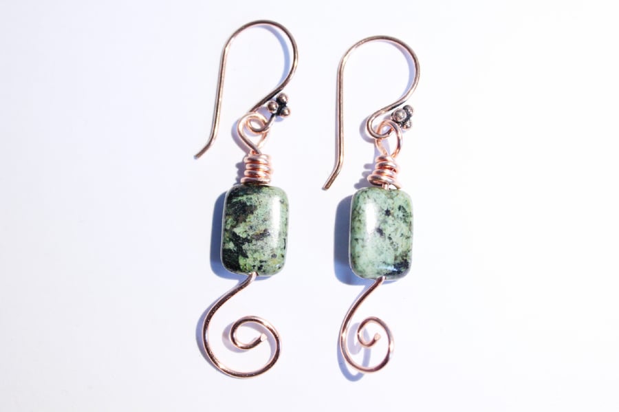 Green and black African turquoise and copper spiral dangle earrings