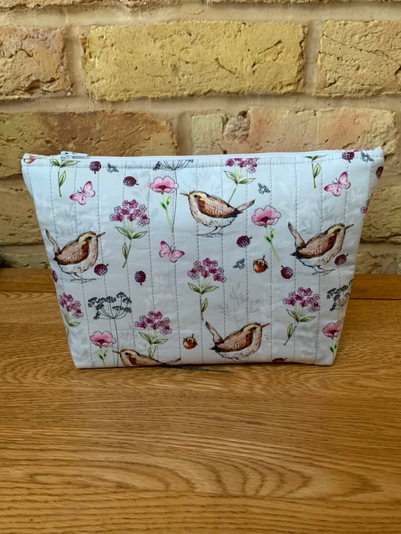 Wren Print Quilted Fabric Makeup Bag