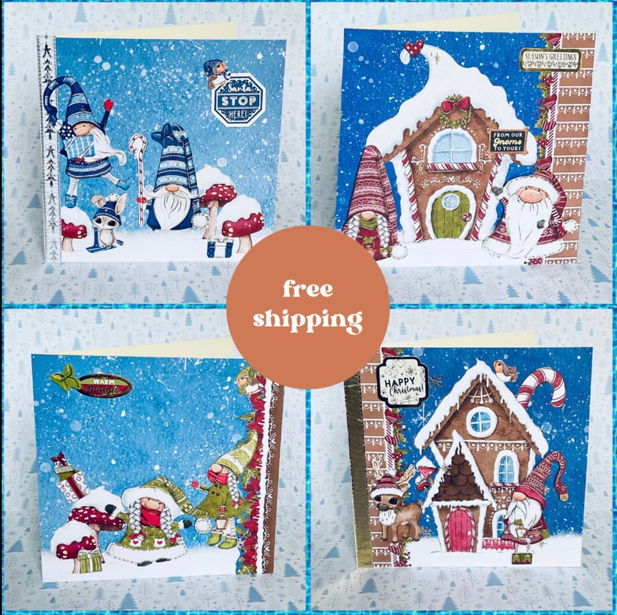 Cards. Set of four gnome or Tomtes Christmas cards.
