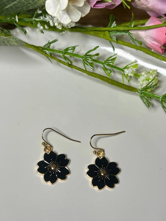 Black Flower Earrings, Floral Charms, Handmade Jewellery 