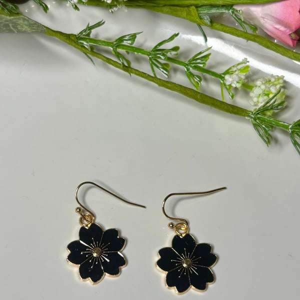 Black Flower Earrings, Floral Charms, Handmade Jewellery 