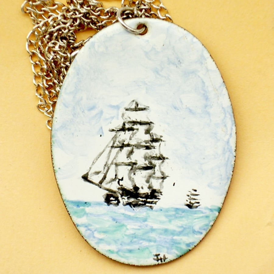 large painted enamel pendant - square riggers at sea