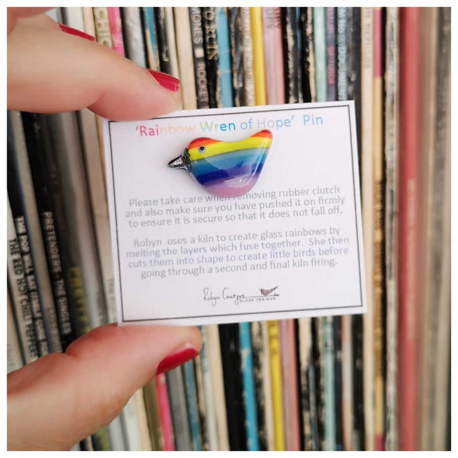 'Rainbow wren of hope bird' glass pin with a pink belly