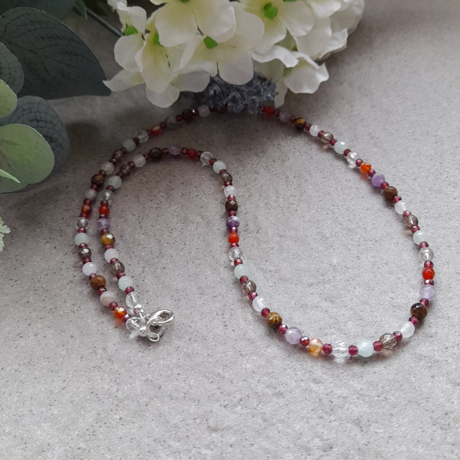 Dainty Multi Gemstone Beaded Necklace Sterling Silver 