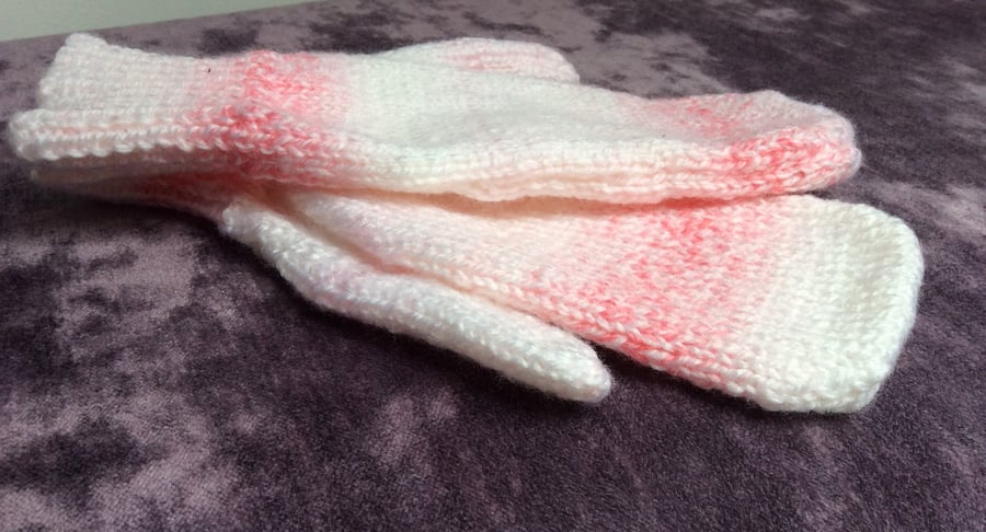 Mittens Hand Knitted in Pastel Pink & White Adult size