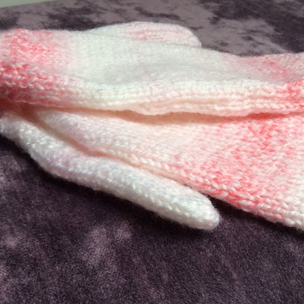 Hand Knitted Pastel Pink White Mittens Adult size