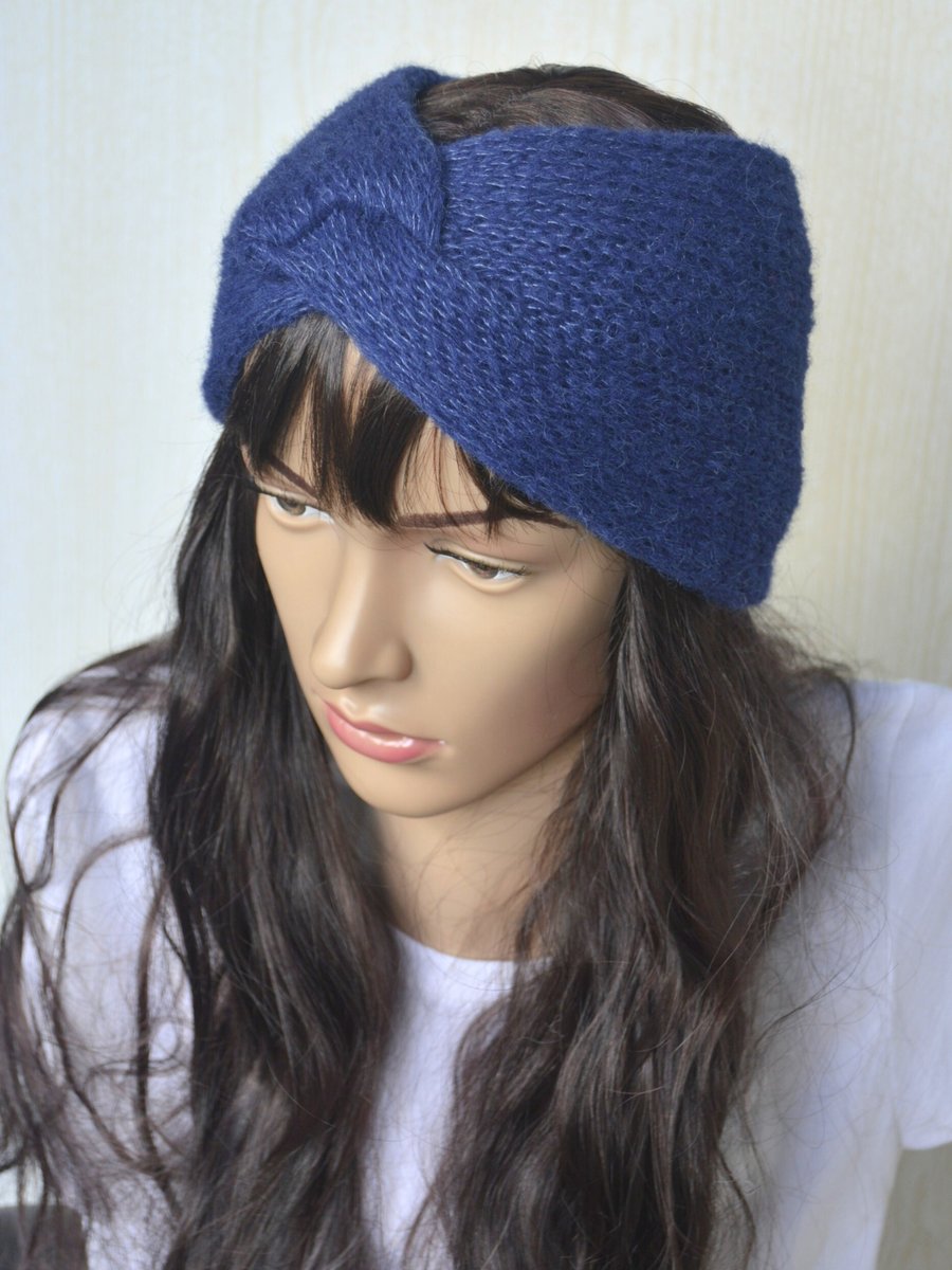 Knitted Headband Earwarmer Soft Alpaca Silk Bright Navy Letterbox Gift